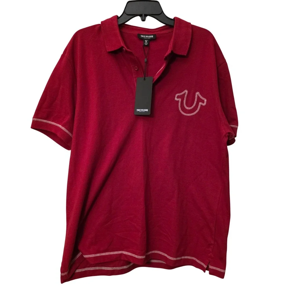 True Religion Mens Red Contrast Stitch Horseshoe Logo Polo Shirt Size M NWT
